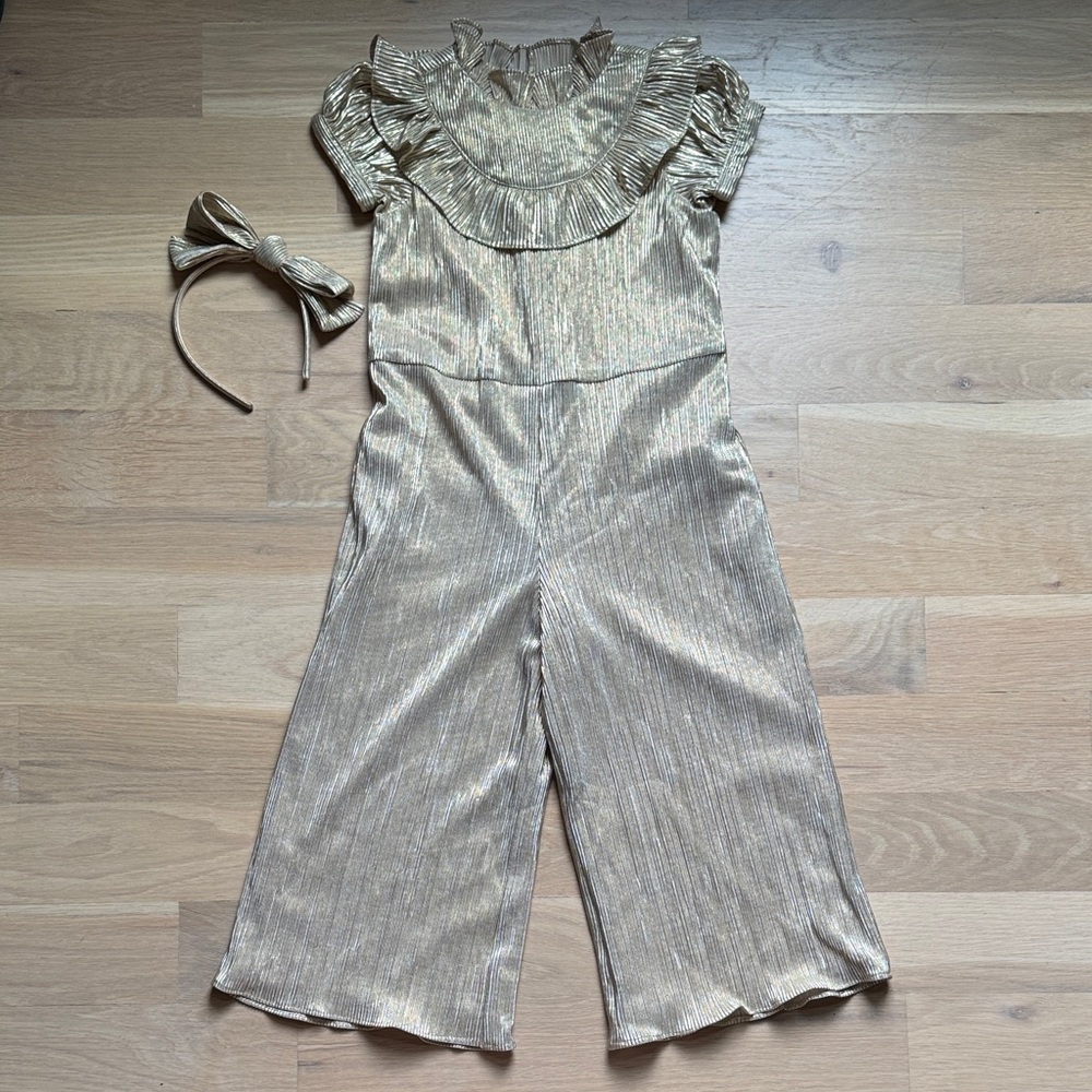 Girls’ Janie & Jack Metallic Gold Twinkle & Shine Jumpsuit & Matching Headband